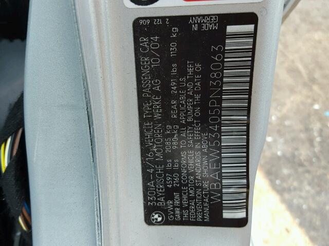 WBAEW53405PN38063 - 2005 BMW 330XI SILVER photo 10