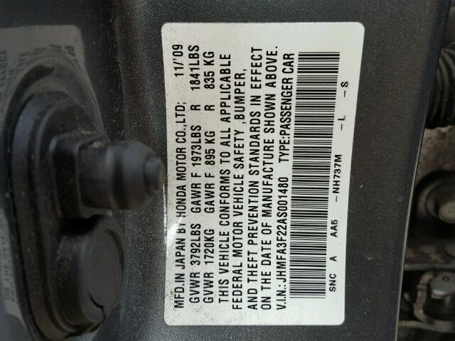 JHMFA3F22AS001480 - 2010 HONDA CIVIC GRAY photo 10