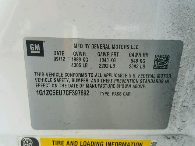 1G1ZC5EU7CF397692 - 2012 CHEVROLET MALIBU 1LT WHITE photo 10