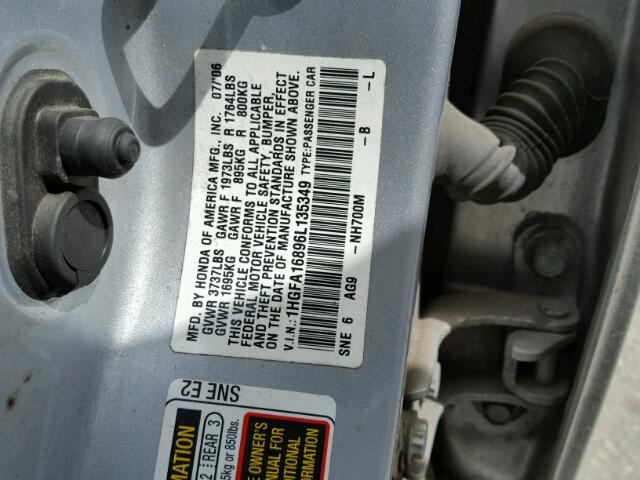 1HGFA16896L135349 - 2006 HONDA CIVIC EX 银色 照片 10