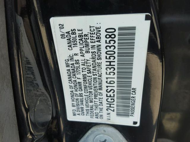 2HGES16153H503580 - 2003 HONDA CIVIC DX BLACK photo 10