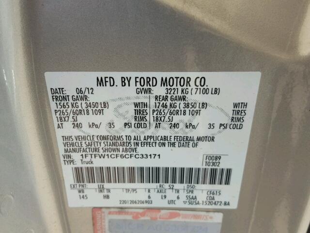 1FTFW1CF6CFC33171 - 2012 FORD F150 SUPER SILVER photo 10