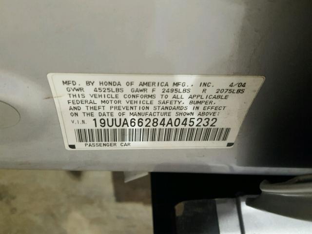 19UUA66284A045232 - 2004 ACURA TL SILVER photo 10