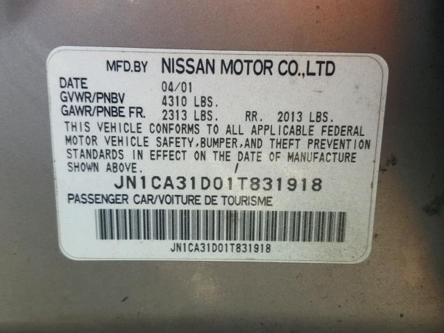 JN1CA31D01T831918 - 2001 NISSAN MAXIMA GXE GRAY photo 10