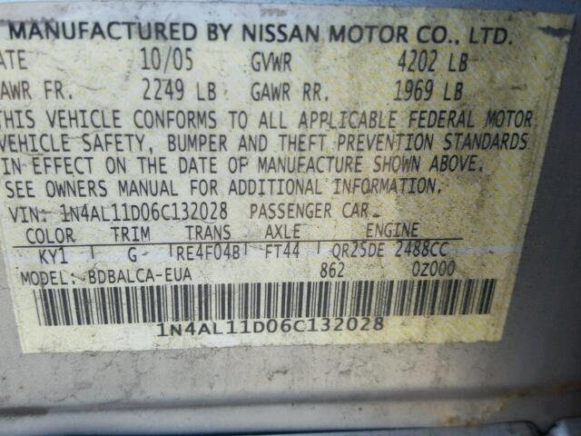 1N4AL11D06C132028 - 2006 NISSAN ALTIMA SILVER photo 10