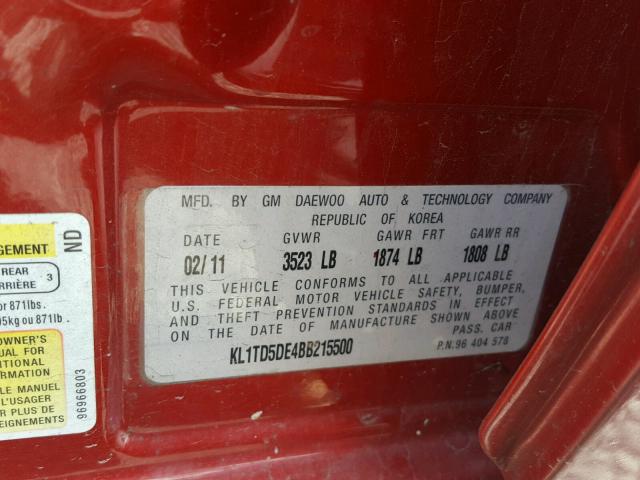 KL1TD5DE4BB215500 - 2011 CHEVROLET AVEO LS RED photo 10