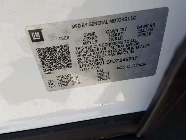 1GKKNMLS9JZ249610 - 2018 GMC ACADIA SLT 白色 照片 10