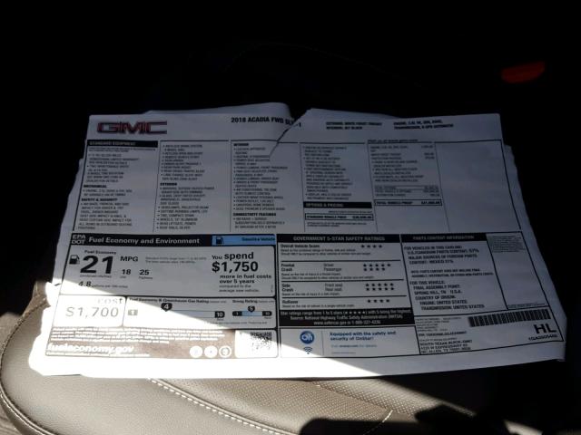 1GKKNMLS5JZ249667 - 2018 GMC ACADIA SLT 白色 照片 9