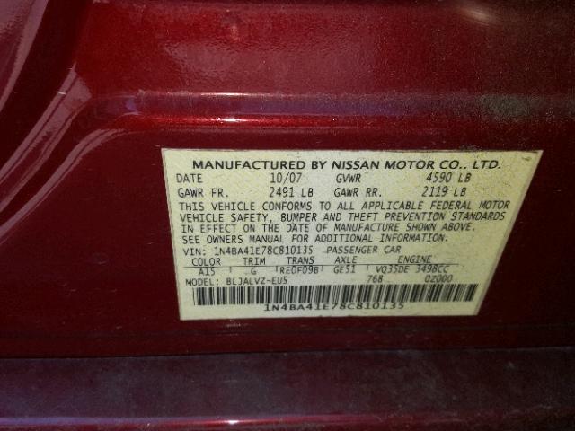 1N4BA41E78C810135 - 2008 NISSAN MAXIMA SE/ BURGUNDY photo 10