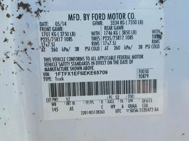 1FTFX1EF6EKE65709 - 2014 FORD F150 SUPER WHITE photo 10