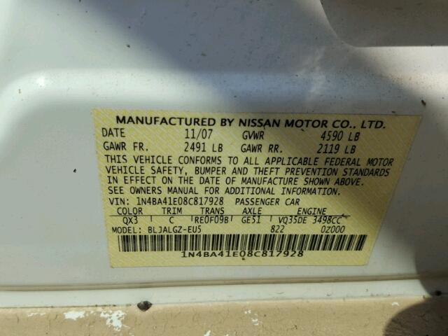 1N4BA41E08C817928 - 2008 NISSAN MAXIMA SE WHITE photo 10