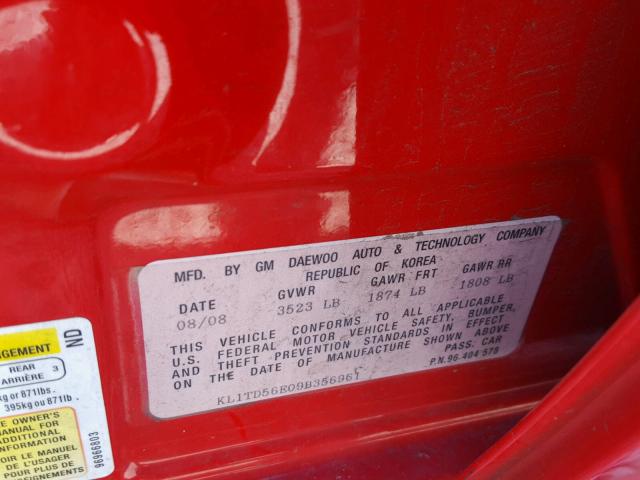 KL1TD56E09B356961 - 2009 CHEVROLET AVEO LS RED photo 10