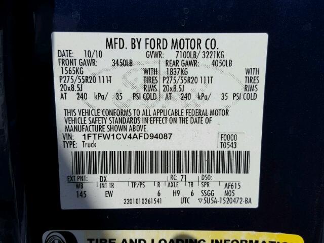 1FTFW1CV4AFD94087 - 2010 FORD F150 SUPER BLUE photo 10