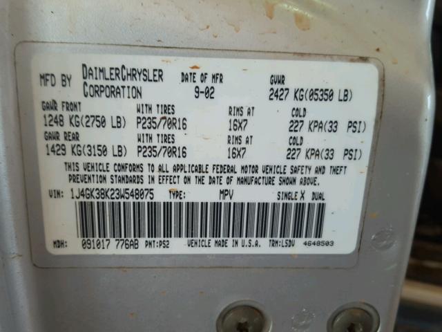 1J4GK38K23W548075 - 2003 JEEP LIBERTY RE SILVER photo 10