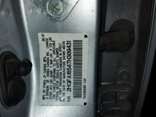 2HGFA16547H309431 - 2007 HONDA CIVIC GRAY photo 10