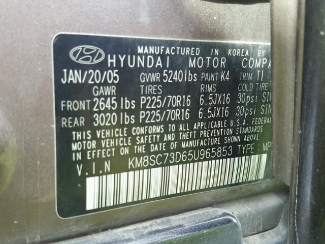 KM8SC73D65U965853 - 2005 HYUNDAI SANTA FE BROWN photo 10