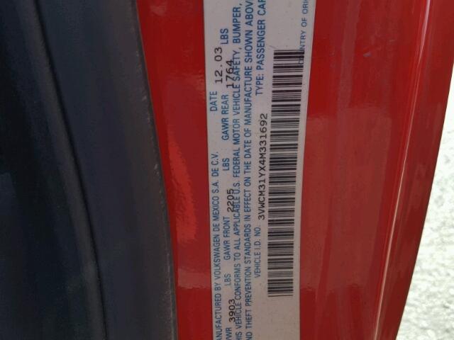 3VWCM31YX4M331692 - 2004 VOLKSWAGEN NEW BEETLE 红色 照片 10