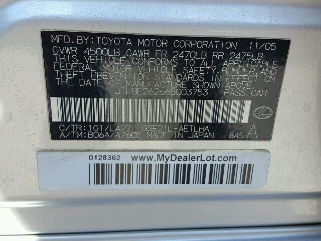 JTHBE262665003753 - 2006 LEXUS IS SILVER photo 10