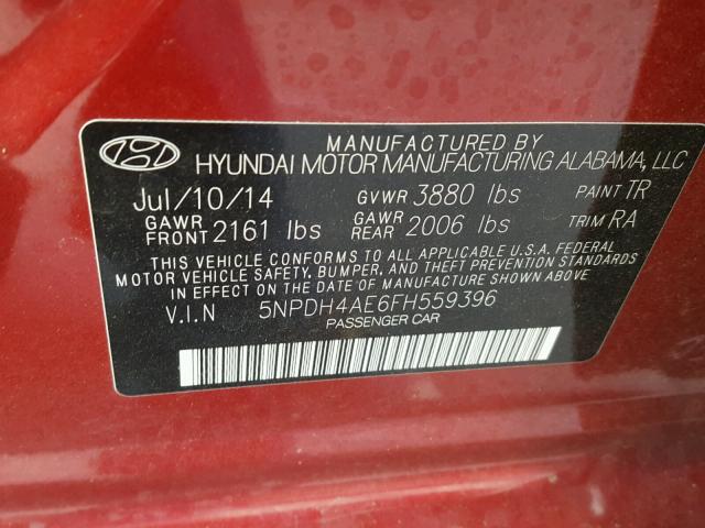 5NPDH4AE6FH559396 - 2015 HYUNDAI ELANTRA SE BURGUNDY photo 10