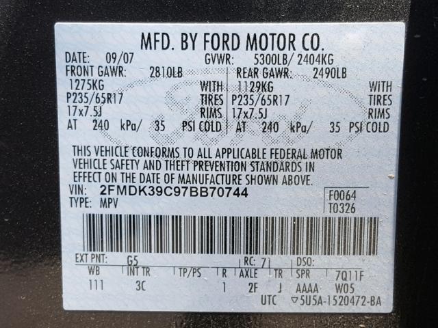 2FMDK39C97BB70744 - 2007 FORD EDGE SEL P CHARCOAL photo 10