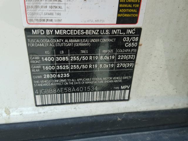 4JGBB86E58A401534 - 2008 MERCEDES-BENZ ML 350 WHITE photo 10