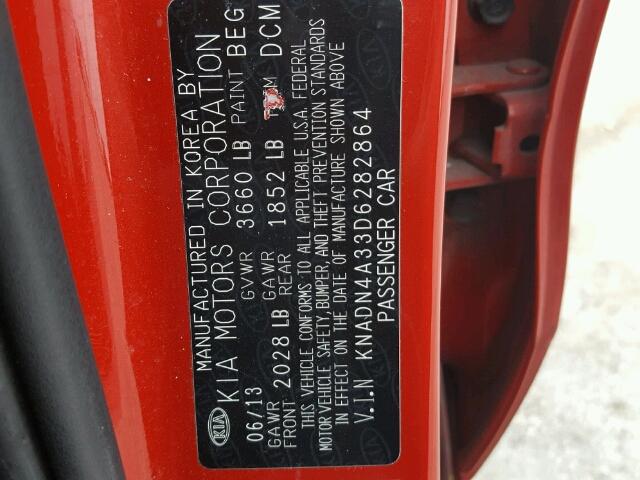 KNADN4A33D6282864 - 2013 KIA RIO EX RED photo 10