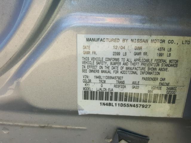 1N4BL11D55N457927 - 2005 NISSAN ALTIMA SE SILVER photo 10