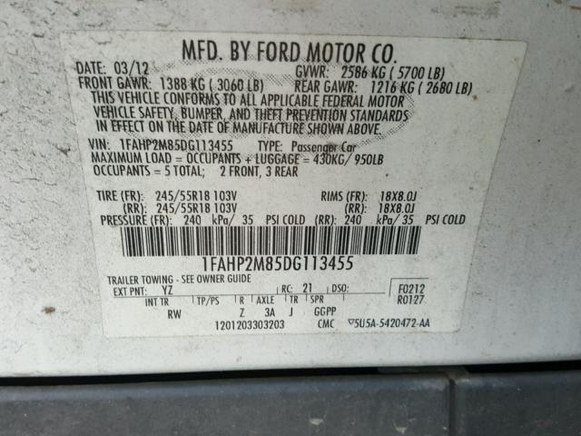 1FAHP2M85DG113455 - 2013 FORD TAURUS POL WHITE photo 10