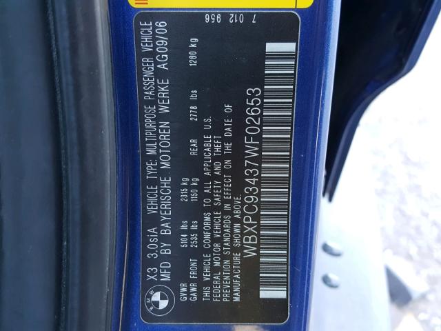 WBXPC93437WF02653 - 2007 BMW X3 3.0SI BLUE photo 10