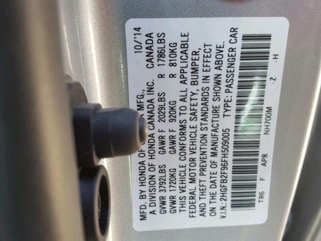 2HGFB2F96FH509005 - 2015 HONDA CIVIC EXL 银色 照片 10