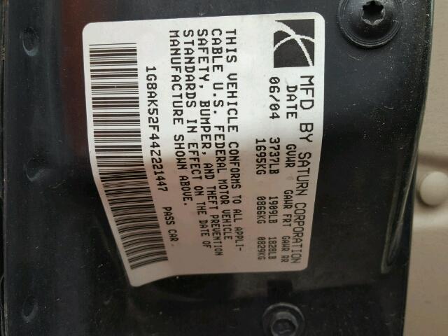 1G8AK52F44Z221447 - 2004 SATURN ION LEVEL GOLD photo 10
