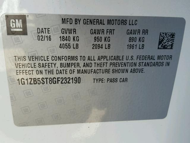 1G1ZB5ST8GF232190 - 2016 CHEVROLET MALIBU LS 白色 照片 10