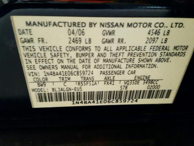 1N4BA41E06C859724 - 2006 NISSAN MAXIMA SE BLUE photo 10