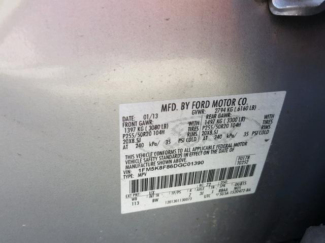 1FM5K8F86DGC01390 - 2013 FORD EXPLORER L SILVER photo 10