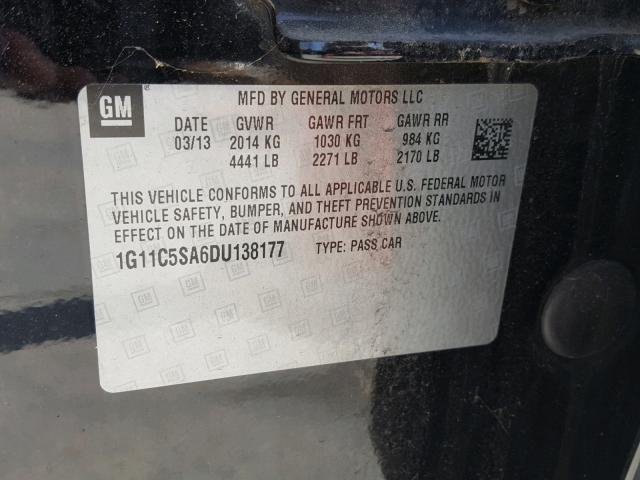 1G11C5SA6DU138177 - 2013 CHEVROLET MALIBU 1LT გრაფიტი ფოტო 10