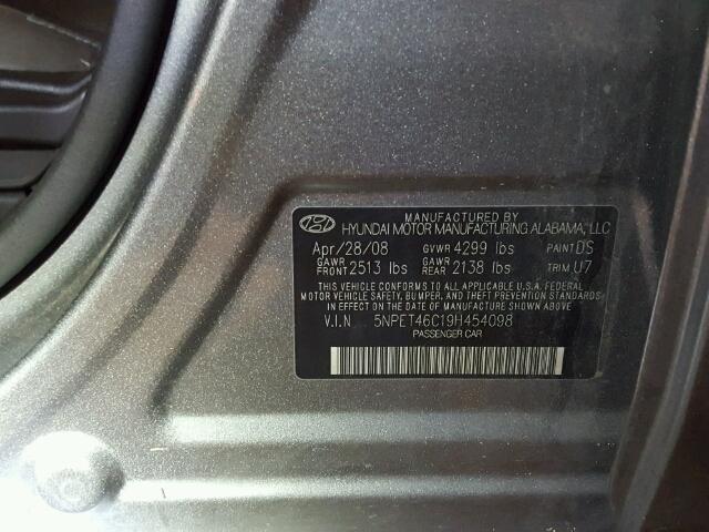 5NPET46C19H454098 - 2009 HYUNDAI SONATA GRAY photo 10