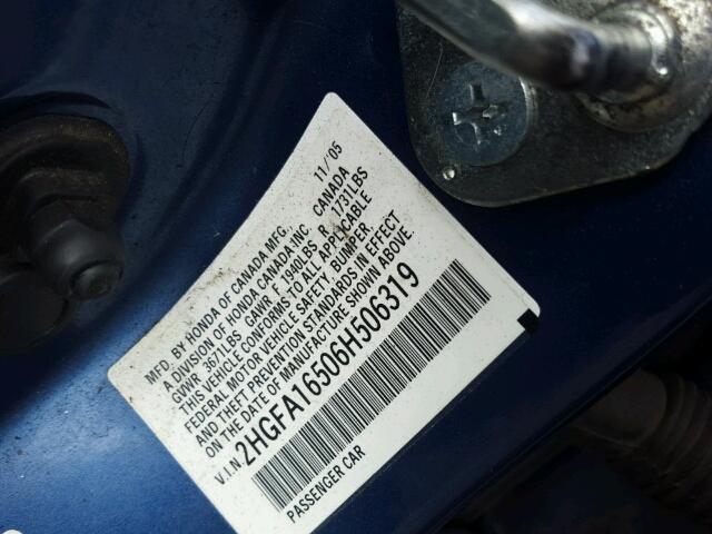 2HGFA16506H506319 - 2006 HONDA CIVIC LX BLUE photo 10