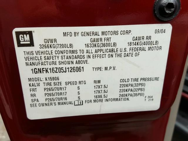 1GNFK16Z05J126061 - 2005 CHEVROLET SUBURBAN K RED photo 10