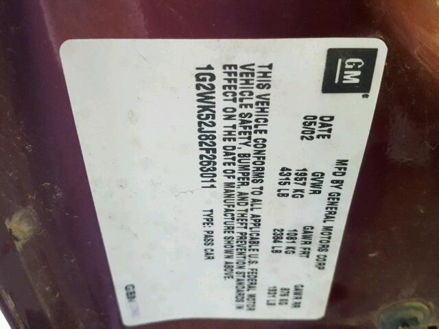 1G2WK52J82F263011 - 2002 PONTIAC GRAND PRIX MAROON photo 10