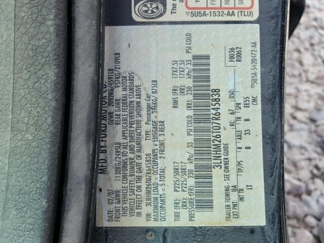 3LNHM26T07R645838 - 2007 LINCOLN MKZ BLACK photo 10