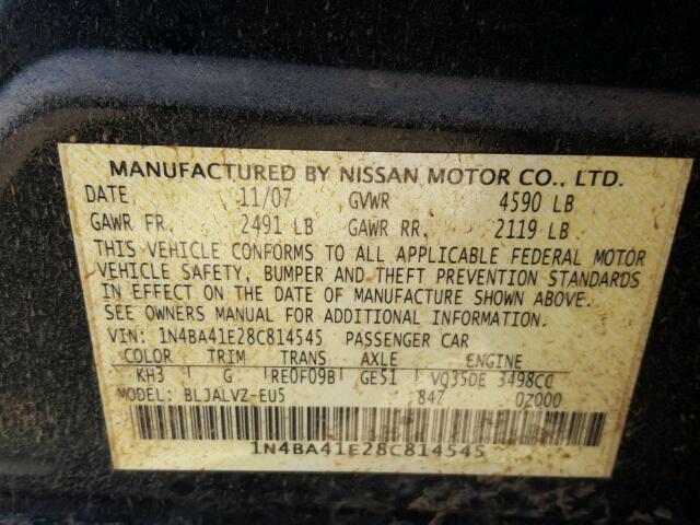 1N4BA41E28C814545 - 2008 NISSAN MAXIMA BLACK photo 10