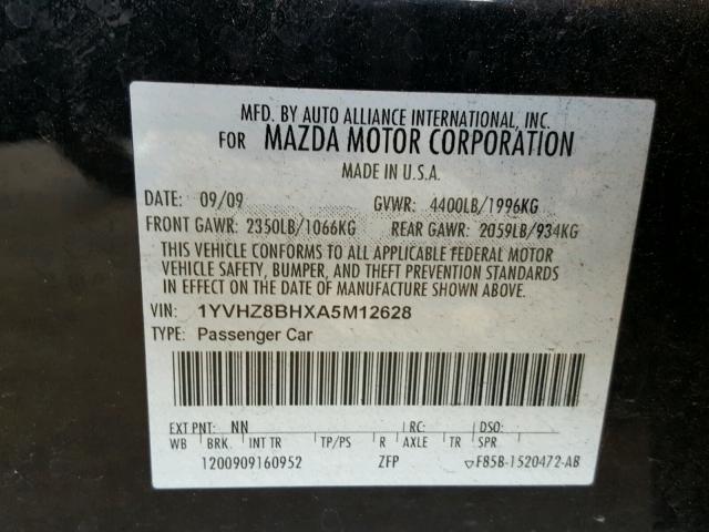 1YVHZ8BHXA5M12628 - 2010 MAZDA 6 I შავი ფოტო 10