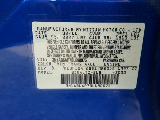 3N1AB6AP7BL690075 - 2011 NISSAN SENTRA 2.0 BLUE photo 10