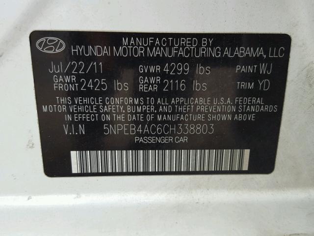 5NPEB4AC6CH338803 - 2012 HYUNDAI SONATA GLS WHITE photo 10