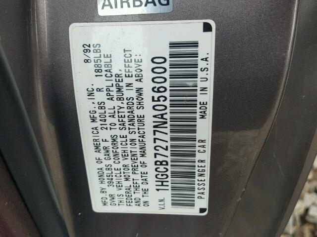 1HGCB7277NA056000 - 1992 HONDA ACCORD EX 棕色 照片 10