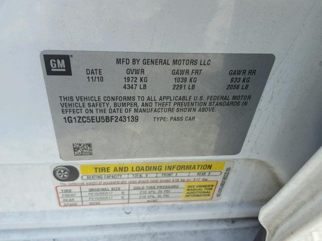 1G1ZC5EU5BF243139 - 2011 CHEVROLET MALIBU 1LT WHITE photo 10