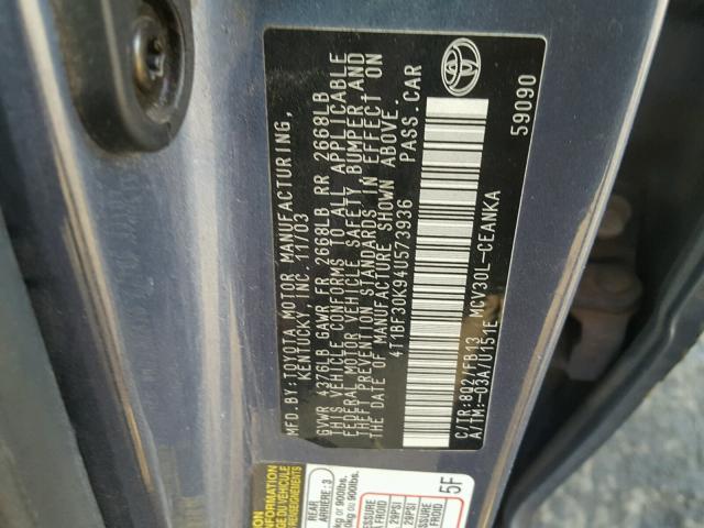 4T1BF30K94U573936 - 2004 TOYOTA CAMRY LE BLUE photo 10