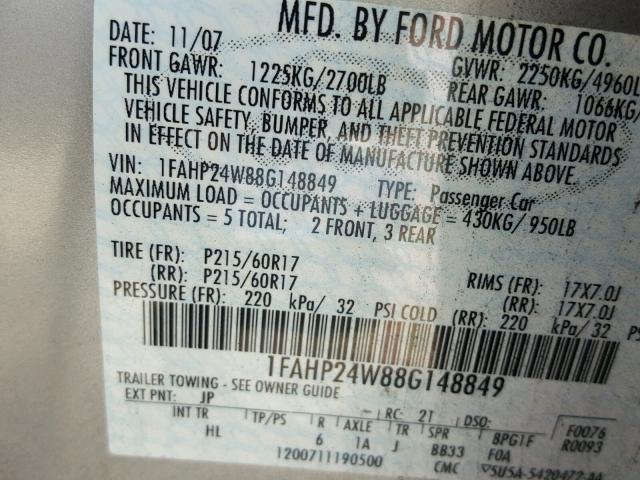 1FAHP24W88G148849 - 2008 FORD TAURUS SEL SILVER photo 10