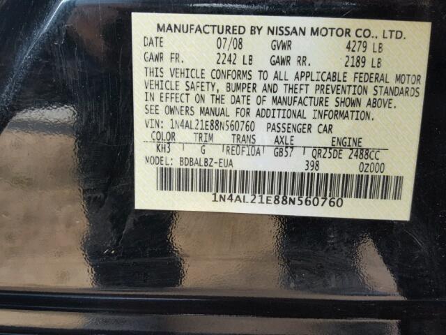 1N4AL21E88N560760 - 2008 NISSAN ALTIMA BLACK photo 10