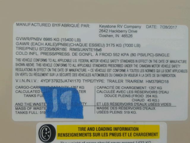 4YDF37923JA741170 - 2018 KEYSTONE MONTANA TAN photo 10